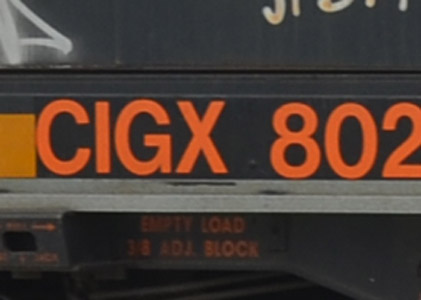 Picture of the CIGX name from a gondola car / Photo du nom CIGX pris sur un wagon tombereau